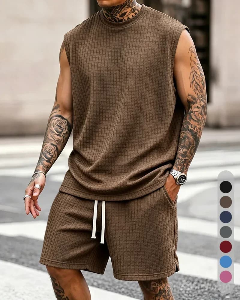 Men's Solid-Color Ribbed Sleeveless Vest & Shorts Set (S-8XL) - View 2