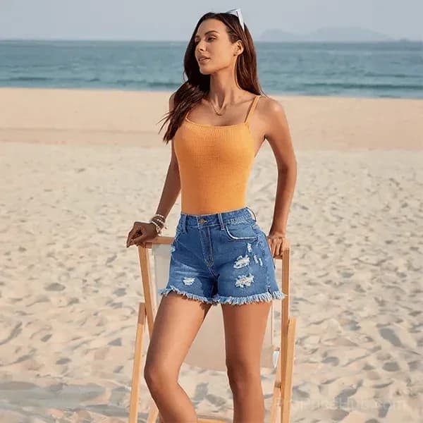 Women's Mid Rise Stretch Denim Shorts, Ripped Raw Hem - View 3
