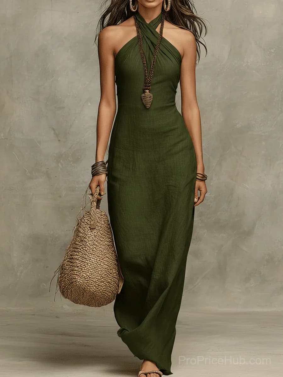 Relaxed Soft Drape Linen Halter Maxi Dress - View 6