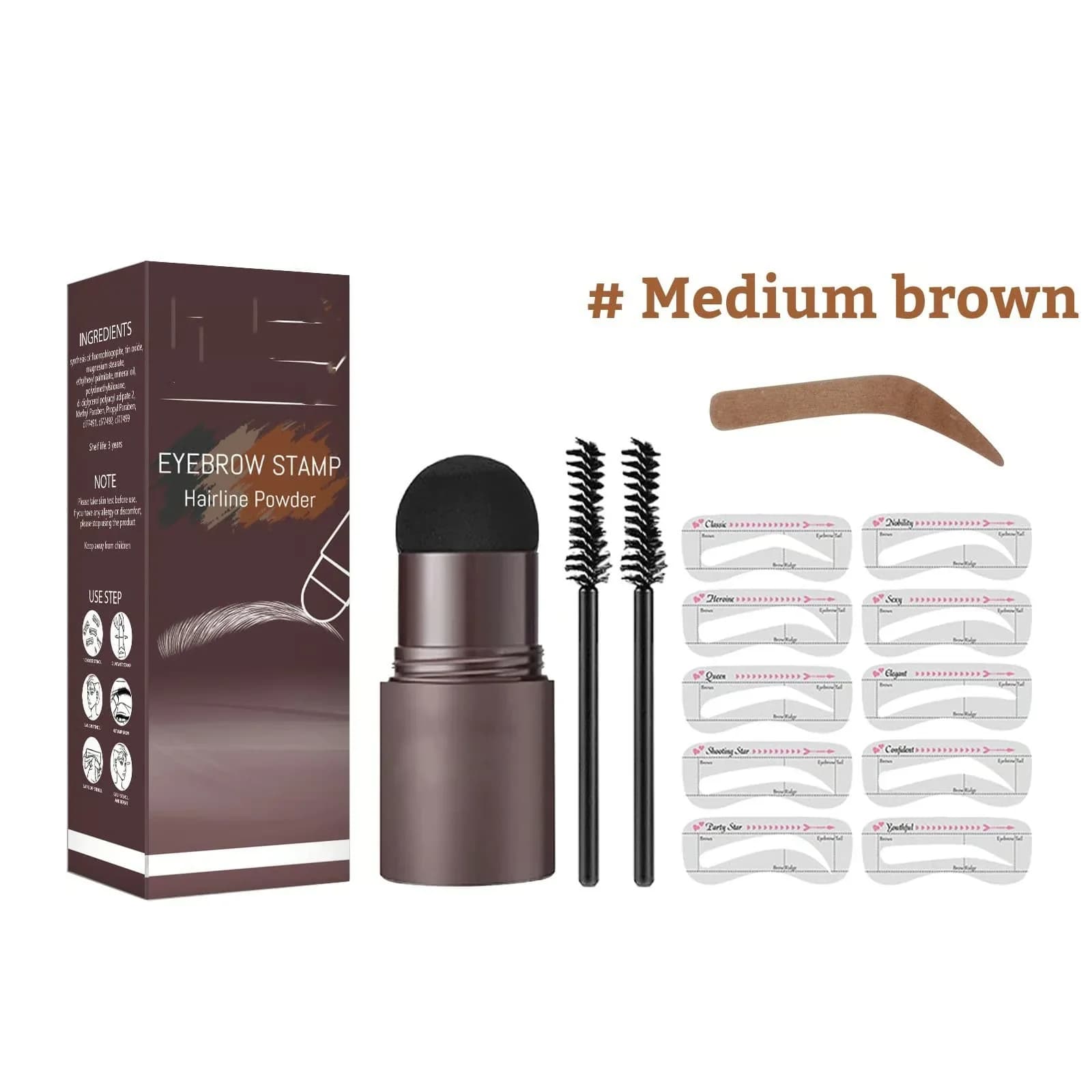 Brow Stamp Set with 10 Templates and 2 Brow Brushes - Dark Brown - View 12