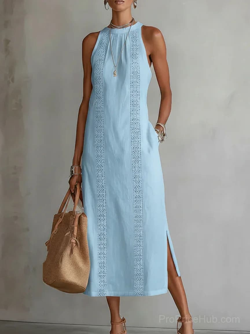 Retro Linen Lace Dress with Minimalist Design - View 8